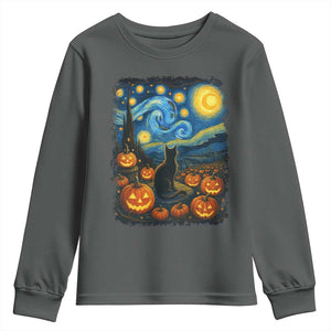 Halloween Cat Starry Night Van Gogh Cat Lovers Youth Sweatshirt TS11 Dark Heather Print Your Wear