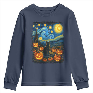 Halloween Cat Starry Night Van Gogh Cat Lovers Youth Sweatshirt TS11 Navy Print Your Wear