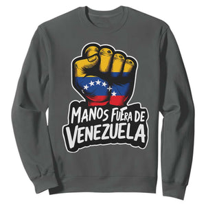 Manos Fuera De Venezuela Sweatshirt Venezuelan Flag TS11 Dark Heather Print Your Wear