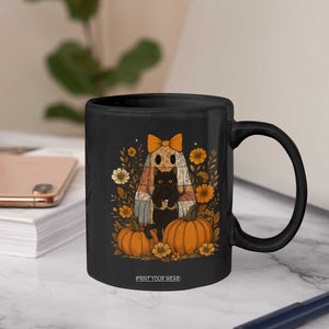 Halloween Vintage Patchwork Ghost Holding Black Cat Groovy Floral Coffee Mug TS11 Print Your Wear