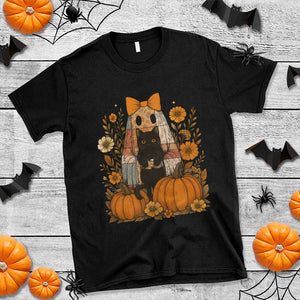 Halloween Vintage Patchwork Ghost Holding Black Cat Groovy Floral T Shirt TS11 Black Print Your Wear