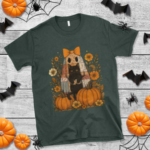 Halloween Vintage Patchwork Ghost Holding Black Cat Groovy Floral T Shirt TS11 Dark Forest Green Print Your Wear