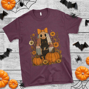 Halloween Vintage Patchwork Ghost Holding Black Cat Groovy Floral T Shirt TS11 Maroon Print Your Wear