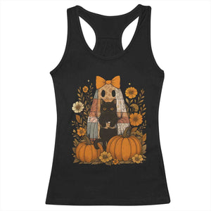 Halloween Vintage Patchwork Ghost Holding Black Cat Groovy Floral Racerback Tank Top TS11 Black Print Your Wear