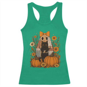 Halloween Vintage Patchwork Ghost Holding Black Cat Groovy Floral Racerback Tank Top TS11 Irish Green Print Your Wear