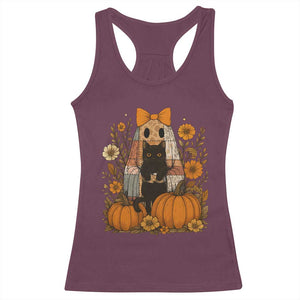 Halloween Vintage Patchwork Ghost Holding Black Cat Groovy Floral Racerback Tank Top TS11 Maroon Print Your Wear