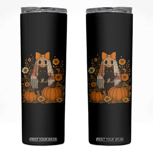 Halloween Vintage Patchwork Ghost Holding Black Cat Groovy Floral Skinny Tumbler TS11 Black Print Your Wear