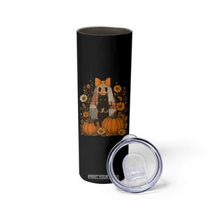 Halloween Vintage Patchwork Ghost Holding Black Cat Groovy Floral Skinny Tumbler TS11 Print Your Wear
