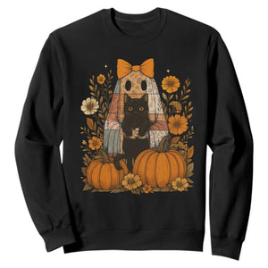 Halloween Vintage Patchwork Ghost Holding Black Cat Groovy Floral Sweatshirt TS11 Black Print Your Wear