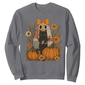 Halloween Vintage Patchwork Ghost Holding Black Cat Groovy Floral Sweatshirt TS11 Charcoal Print Your Wear
