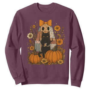Halloween Vintage Patchwork Ghost Holding Black Cat Groovy Floral Sweatshirt TS11 Maroon Print Your Wear