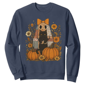 Halloween Vintage Patchwork Ghost Holding Black Cat Groovy Floral Sweatshirt TS11 Navy Print Your Wear