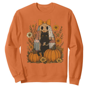 Halloween Vintage Patchwork Ghost Holding Black Cat Groovy Floral Sweatshirt TS11 Orange Print Your Wear
