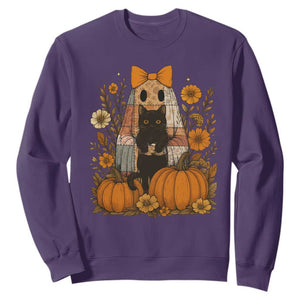 Halloween Vintage Patchwork Ghost Holding Black Cat Groovy Floral Sweatshirt TS11 Purple Print Your Wear