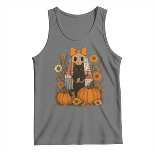 Halloween Vintage Patchwork Ghost Holding Black Cat Groovy Floral Tank Top TS11 Black Heather Print Your Wear