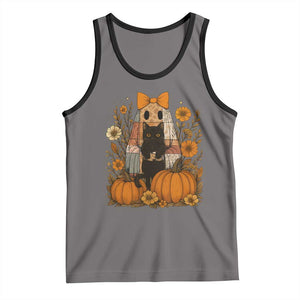 Halloween Vintage Patchwork Ghost Holding Black Cat Groovy Floral Tank Top TS11 Deep Heather Black Print Your Wear