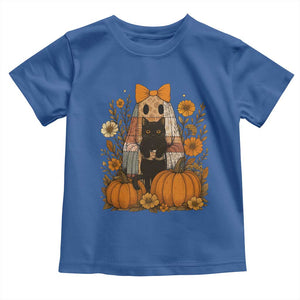 Halloween Vintage Patchwork Ghost Holding Black Cat Groovy Floral Toddler T Shirt TS11 Royal Blue Print Your Wear