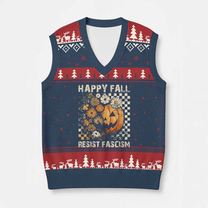 Happy Fall Resist Fascism V-Neck Knit Sweater Vest Halloween Fall Pumpkin TS11 Navy Red Print Your Wear