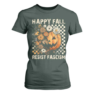 Happy Fall Resist Fascism T Shirt For Women Halloween Fall Pumpkin TS11 Dark Forest Green Print Your Wear