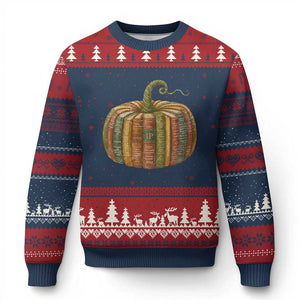 Book Pumpkin Autumn Fall Librarians Bookworm Teacher Ugly Christmas Sweater TS11 Navy Red Print Your Wear