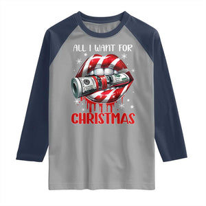 Funny All I Want For Christmas Is Money Raglan Shirt Candy Cane Lips TS11 Sport Gray Navy Print Your Wear