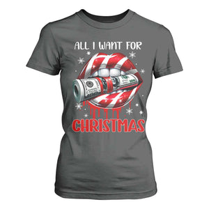 Funny All I Want For Christmas Is Money T Shirt For Women Candy Cane Lips TS11 Dark Heather Print Your Wear