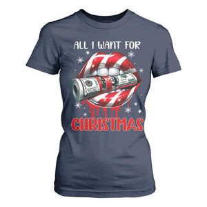 Funny All I Want For Christmas Is Money T Shirt For Women Candy Cane Lips TS11 Navy Print Your Wear