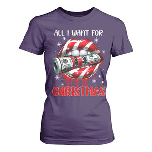 Funny All I Want For Christmas Is Money T Shirt For Women Candy Cane Lips TS11 Purple Print Your Wear