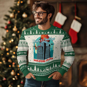 Funny Nakatomi Plaza Ugly Christmas Sweater Season's Greeting Xmas Party Hans Gruber TS11 Green Print Your Wear