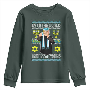 Funny Hanukkah Trump Youth Sweatshirt Oy To The World Menorah David Stars TS11 Dark Forest Green Print Your Wear