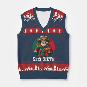 Funny Mexican Xmas 67 V-Neck Knit Sweater Vest Seis Siete Santa In Mexico TS11 Navy Red Print Your Wear
