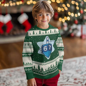 Funny Hanukkah 67 Ugly Christmas Sweater Six Seven Meme Dreidel Star Of David TS11 Forest Green Beige Print Your Wear