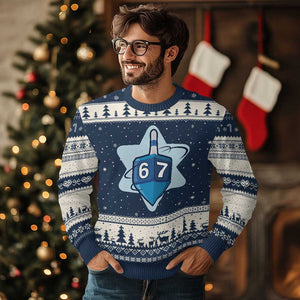 Funny Hanukkah 67 Ugly Christmas Sweater Six Seven Meme Dreidel Star Of David TS11 Navy Beige Print Your Wear