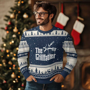 Funny BBQ Grilling Ugly Christmas Sweater The Grillfather Vintage Father's Day TS11 Navy Beige Print Your Wear