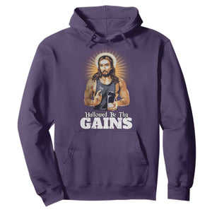 Funny Jesus Gym Workout Hallowed Be Thy Gains Hoodie Muscle Jesus Weightlifting TS11 Purple Print Your Wear