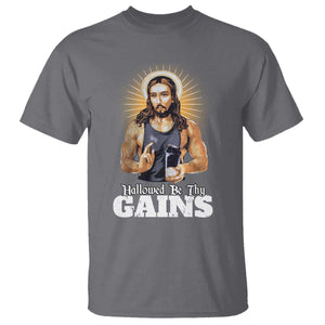 Funny Jesus Gym Workout Hallowed Be Thy Gains T Shirt Muscle Jesus Weightlifting TS11 Charcoal Print Your Wear