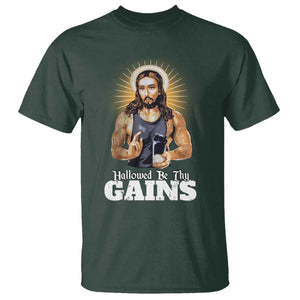 Funny Jesus Gym Workout Hallowed Be Thy Gains T Shirt Muscle Jesus Weightlifting TS11 Dark Forest Green Print Your Wear