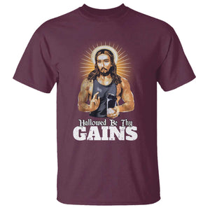Funny Jesus Gym Workout Hallowed Be Thy Gains T Shirt Muscle Jesus Weightlifting TS11 Maroon Print Your Wear