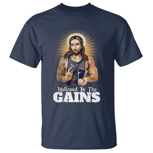 Funny Jesus Gym Workout Hallowed Be Thy Gains T Shirt Muscle Jesus Weightlifting TS11 Navy Print Your Wear