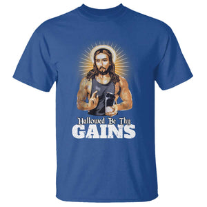 Funny Jesus Gym Workout Hallowed Be Thy Gains T Shirt Muscle Jesus Weightlifting TS11 Royal Blue Print Your Wear