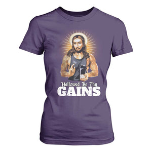 Funny Jesus Gym Workout Hallowed Be Thy Gains T Shirt For Women Muscle Jesus Weightlifting TS11 Purple Print Your Wear