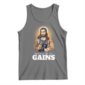 Funny Jesus Gym Workout Hallowed Be Thy Gains Tank Top Muscle Jesus Weightlifting TS11 Black Heather Print Your Wear