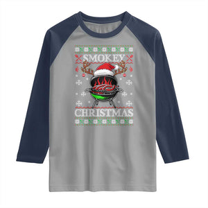 Funny Smokey Christmas Grilling Raglan Shirt BBQ Meat Father's Day TS11 Sport Gray Navy Print Your Wear