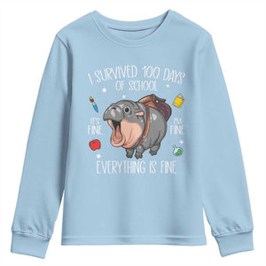 Funny I Survived 100 Days Of School Moo Deng Youth Sweatshirt It's I'm Fine Everything Is Fine TS11 Light Blue Print Your Wear