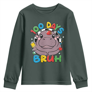 Funny Moo Deng 100 Days Bruh Youth Sweatshirt Happy 100 Days Of School TS11 Dark Forest Green Print Your Wear