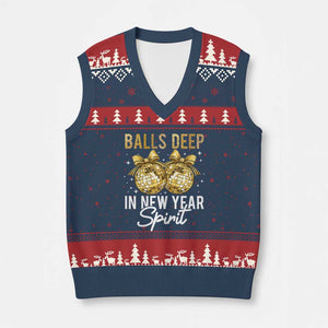 Funny New Year Disco Ball V-Neck Knit Sweater Vest Balls Deep In New Year Spirit TS11 Navy Red Print Your Wear