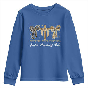 New Year New Beginnings Same Amazing God Youth Sweatshirt Christian New Years Eve TS11 Royal Blue Print Your Wear