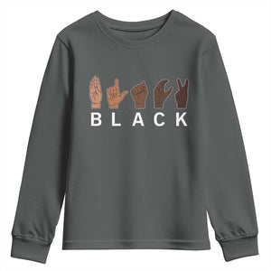 Black Asl Sign Language Hands Signs African American Month Youth Sweatshirt TS11 Dark Heather Print Your Wear