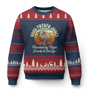 Funny Mars Potato Jones Ugly Christmas Sweater Powered by Naps Snacks Side Eye Pygmy Hippo TS11 Navy Red Print Your Wear