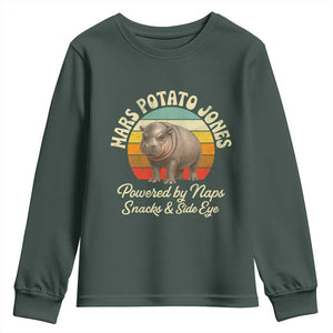 Funny Mars Potato Jones Youth Sweatshirt Powered by Naps Snacks Side Eye Pygmy Hippo TS11 Dark Forest Green Print Your Wear